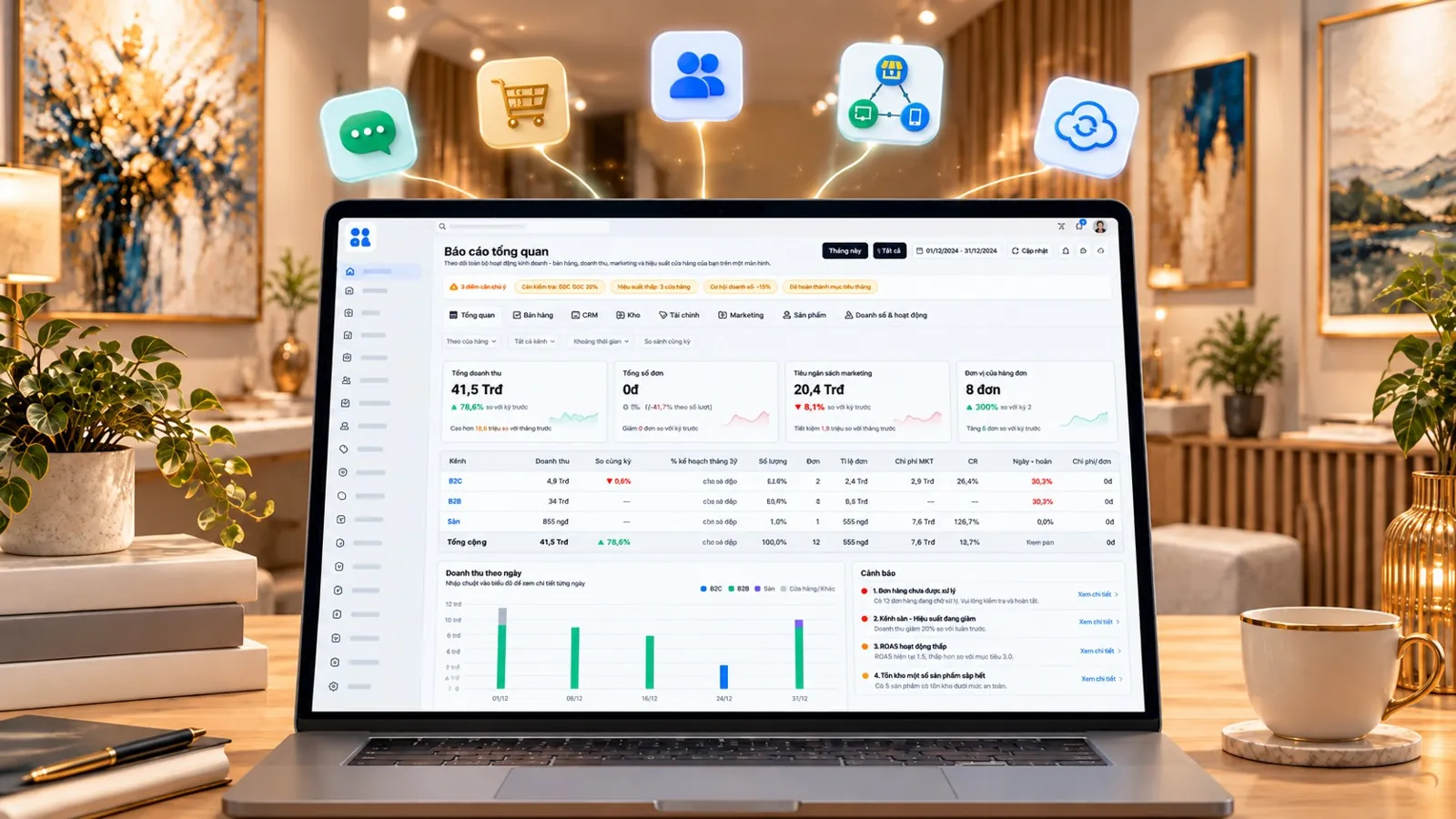 HUB dashboard on a laptop surrounded by chat, order and customer icons