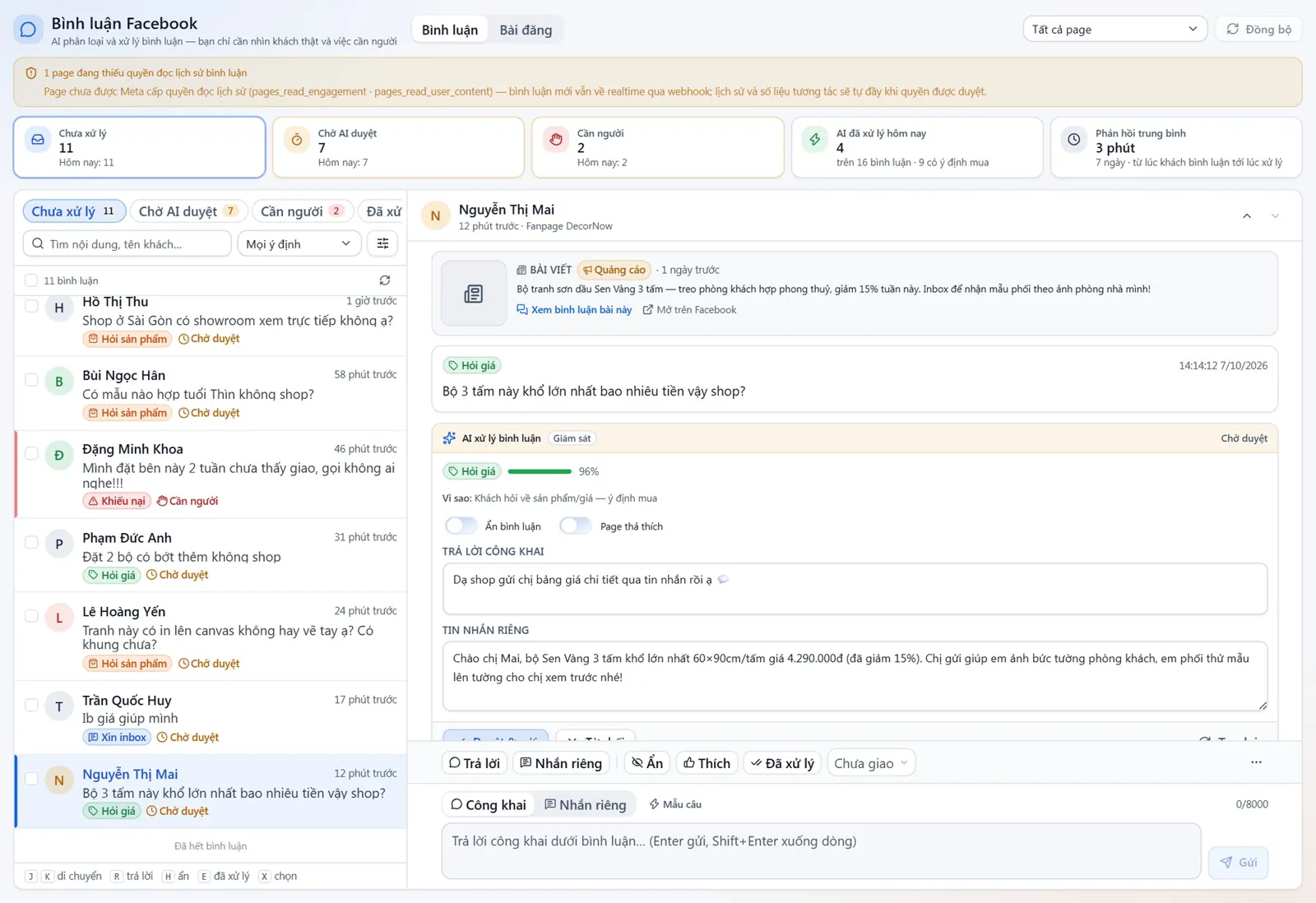AI triage of Facebook comments with suggested public and private replies