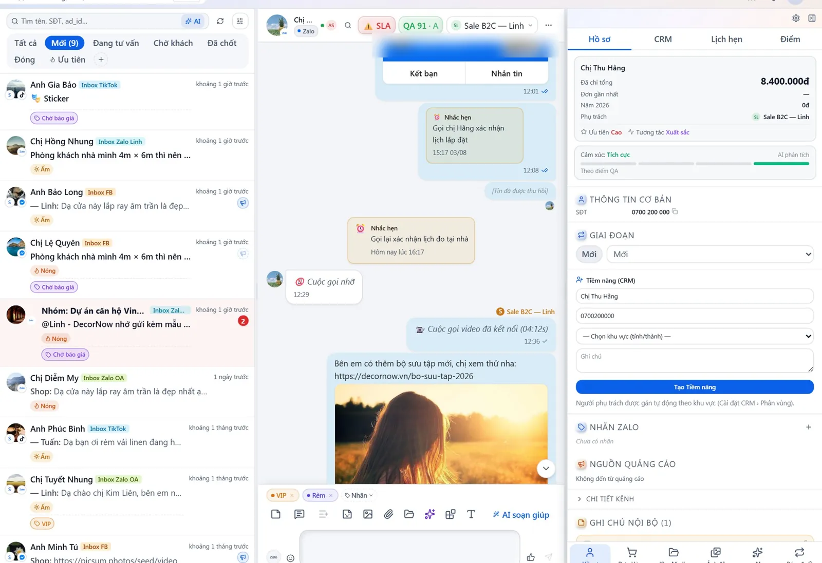 HUB unified inbox with conversations from TikTok, Zalo and Facebook