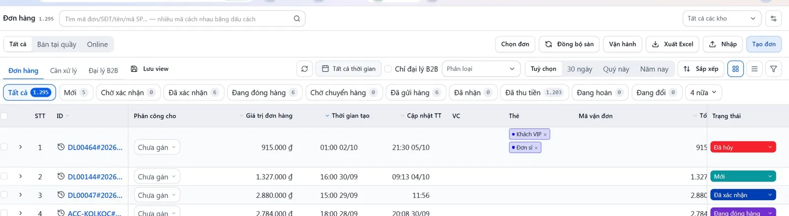 HUB order board with statuses