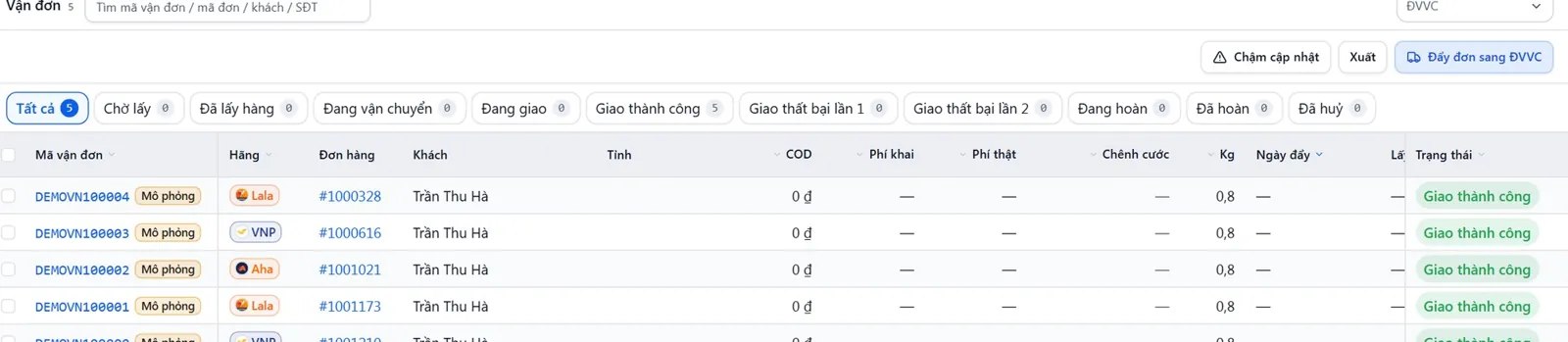 HUB shipping list with carriers and delivery status